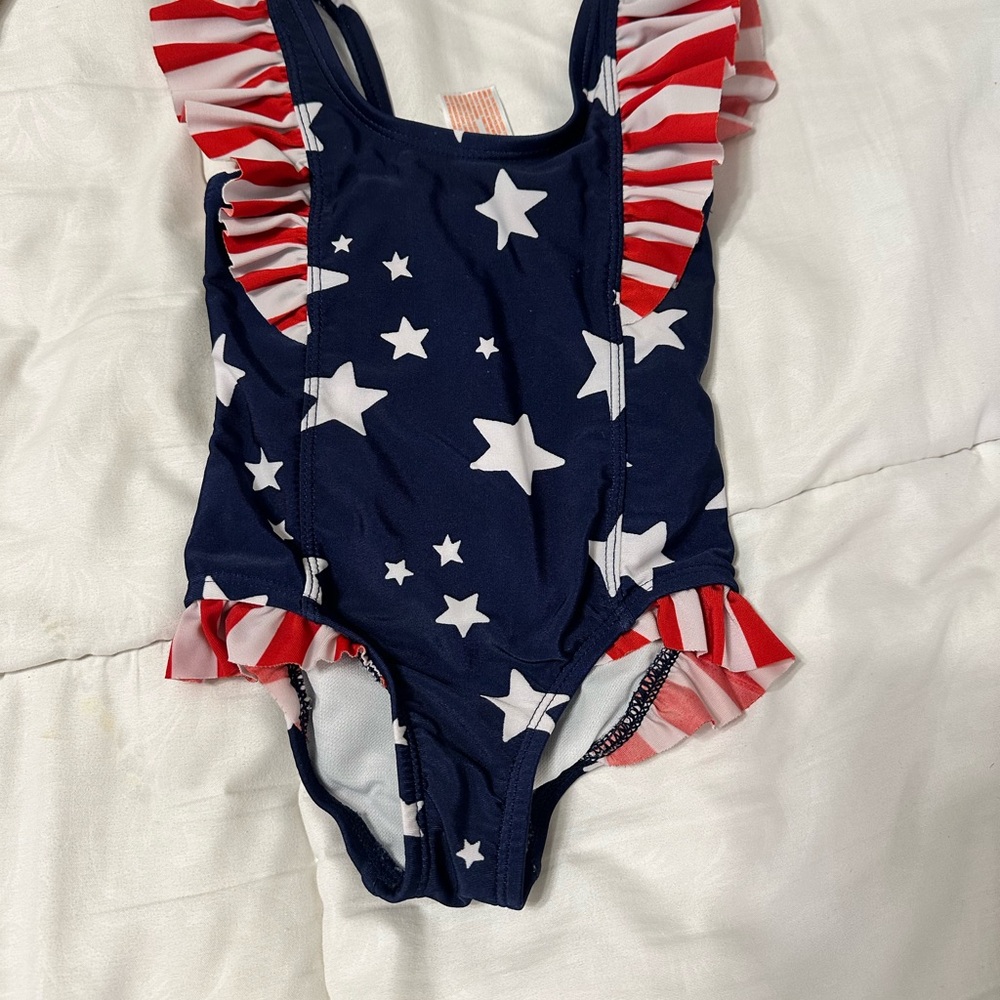Cat & Jack Navy Blue & White Star Ruffle One-Piece Swimsuit with Red Stripes